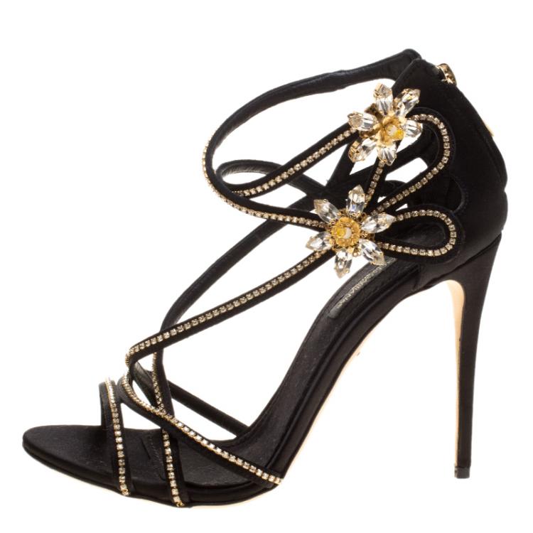 Pre Owned Dolce and Gabbana Black Satin Crystal Embellished Sandals