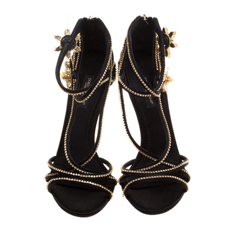 Pre Owned Dolce and Gabbana Black Satin Crystal Embellished Sandals