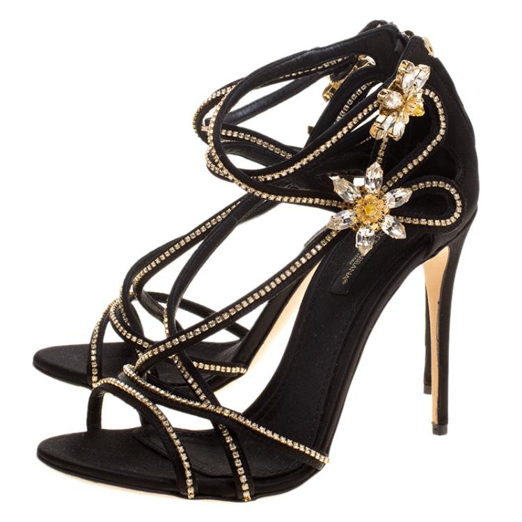 Pre Owned Dolce and Gabbana Black Satin Crystal Embellished Sandals