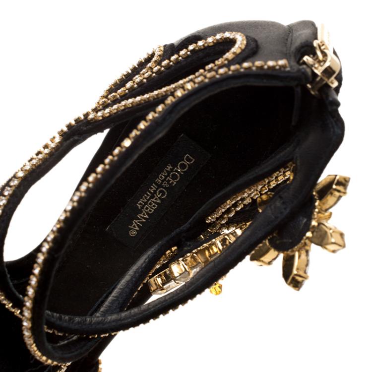Pre Owned Dolce and Gabbana Black Satin Crystal Embellished Sandals