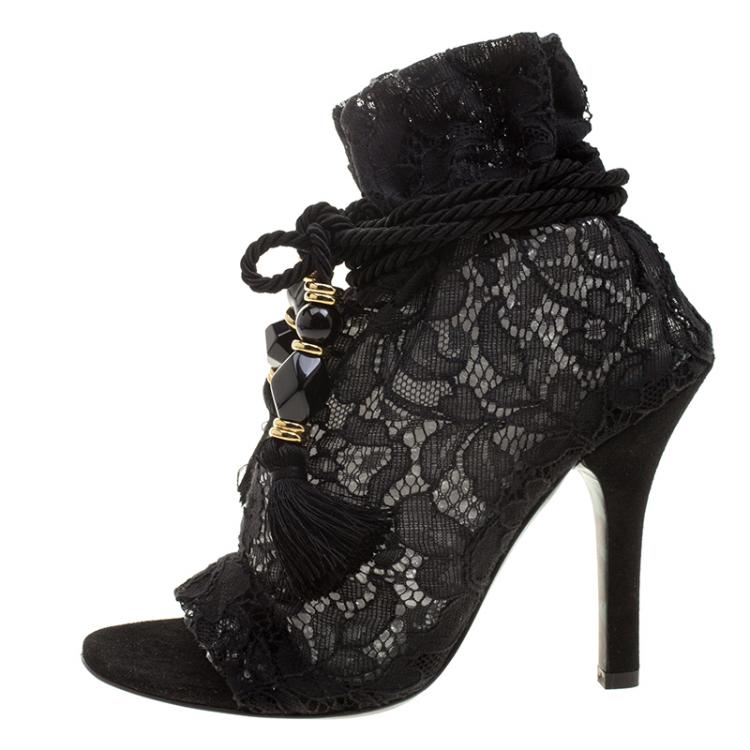 Pre Owned Dolce and Gabbana Black Lace Drawstring Tassel Peep Toe Booties Size 36