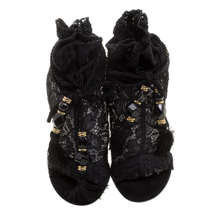 Pre Owned Dolce and Gabbana Black Lace Drawstring Tassel Peep Toe Booties Size 36