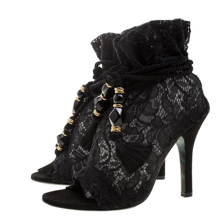 Pre Owned Dolce and Gabbana Black Lace Drawstring Tassel Peep Toe Booties Size 36