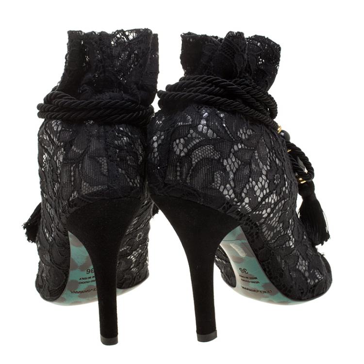 Pre Owned Dolce and Gabbana Black Lace Drawstring Tassel Peep Toe Booties Size 36