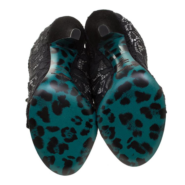 Pre Owned Dolce and Gabbana Black Lace Drawstring Tassel Peep Toe Booties Size 36