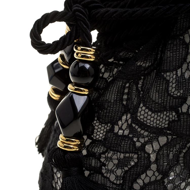 Pre Owned Dolce and Gabbana Black Lace Drawstring Tassel Peep Toe Booties Size 36