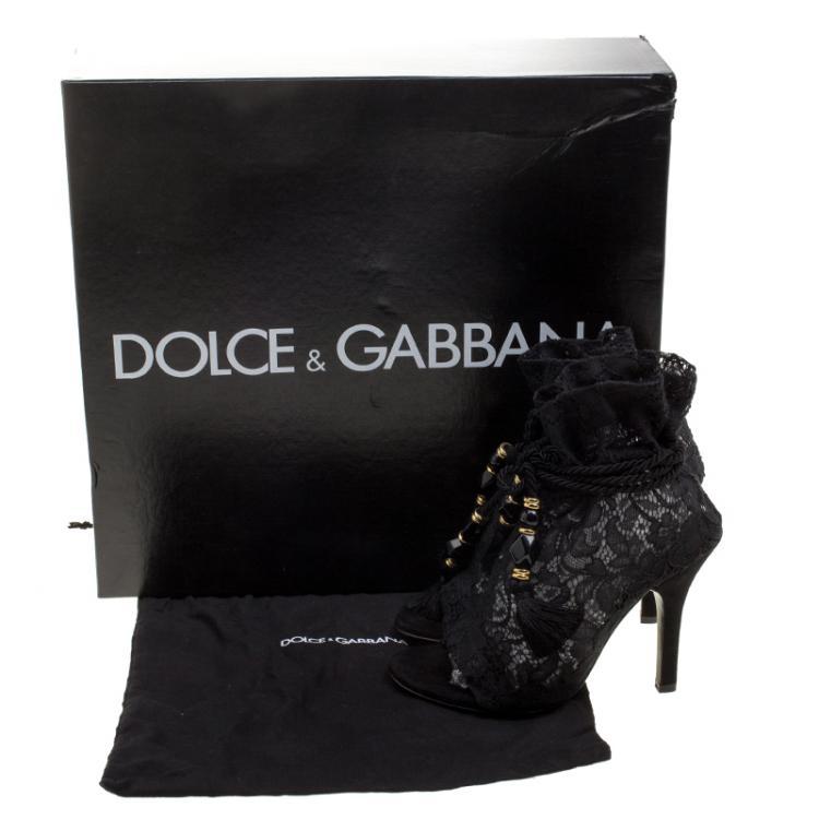 Pre Owned Dolce and Gabbana Black Lace Drawstring Tassel Peep Toe Booties Size 36