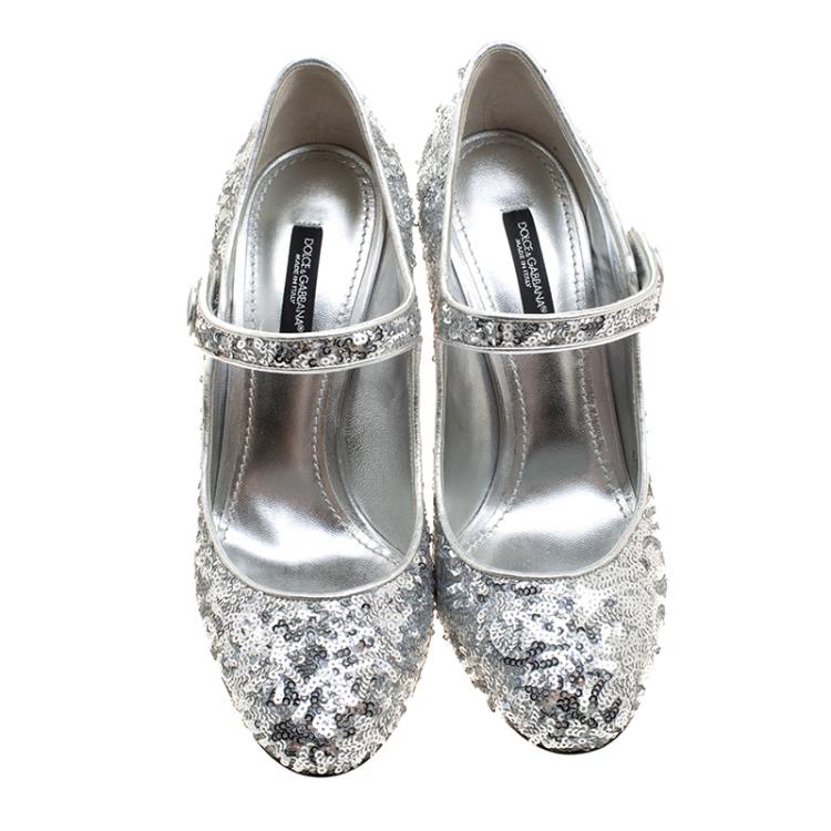 Pre Owned Dolce and Gabbana Silver Sequin Mary Jane Pumps Size 37.5
