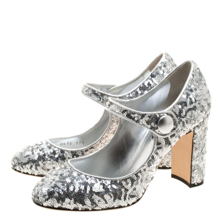 Pre Owned Dolce and Gabbana Silver Sequin Mary Jane Pumps Size 37.5