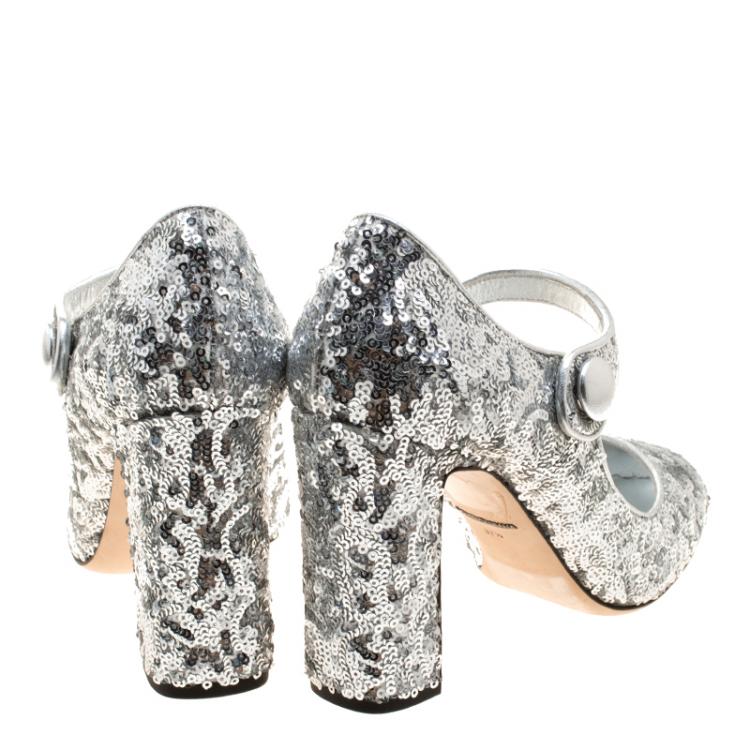 Pre Owned Dolce and Gabbana Silver Sequin Mary Jane Pumps Size 37.5
