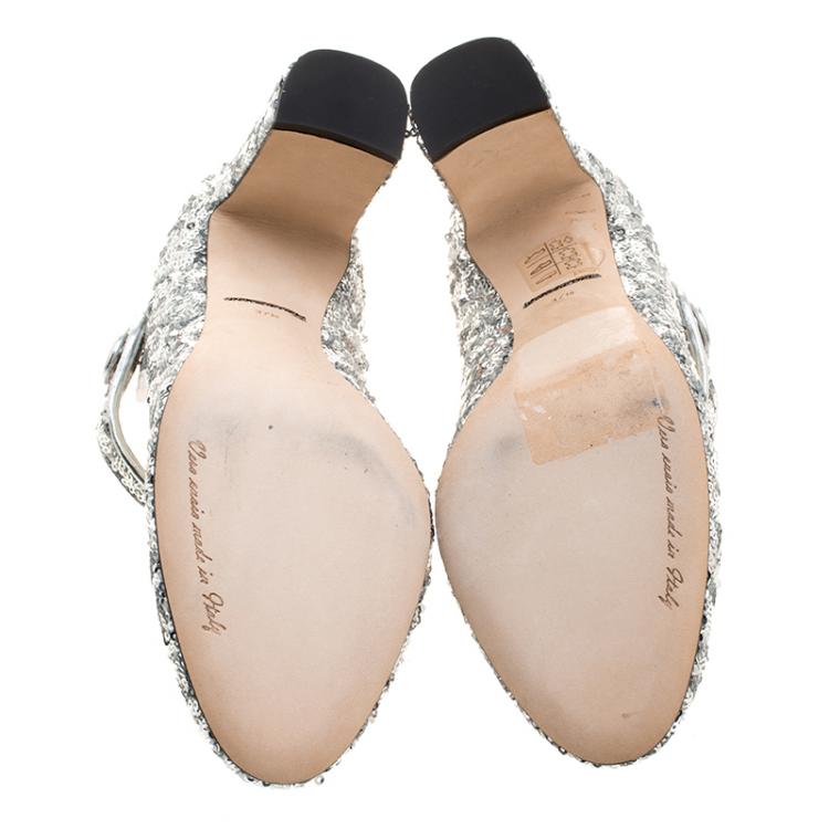 Pre Owned Dolce and Gabbana Silver Sequin Mary Jane Pumps Size 37.5