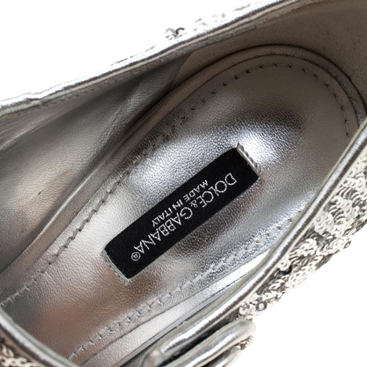 Pre Owned Dolce and Gabbana Silver Sequin Mary Jane Pumps Size 37.5