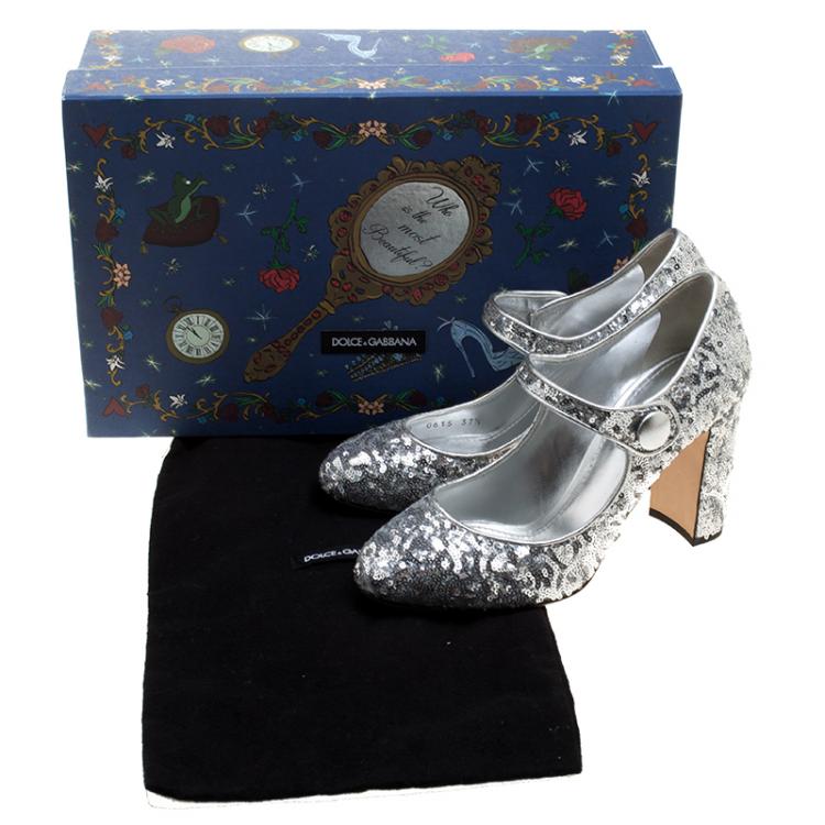 Pre Owned Dolce and Gabbana Silver Sequin Mary Jane Pumps Size 37.5