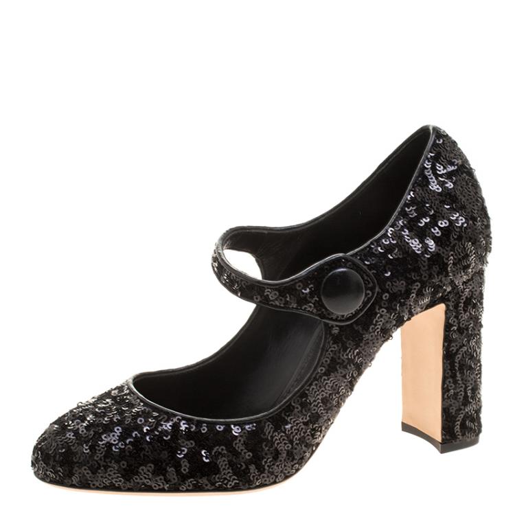 Pre Owned Dolce and Gabbana Black Sequin Mary Jane Pumps Size 38