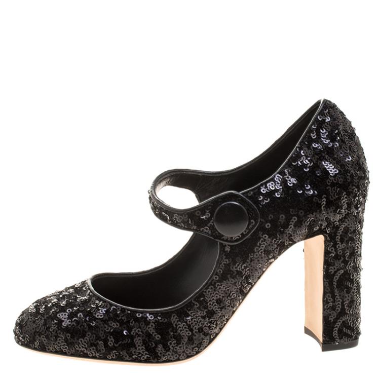Pre Owned Dolce and Gabbana Black Sequin Mary Jane Pumps Size 38