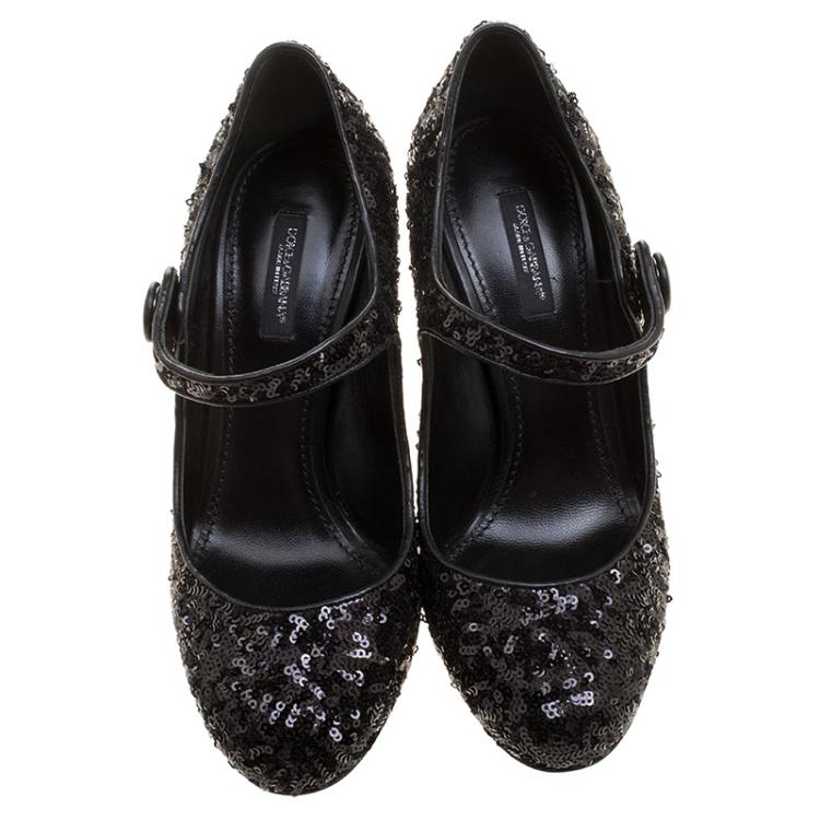 Pre Owned Dolce and Gabbana Black Sequin Mary Jane Pumps Size 38