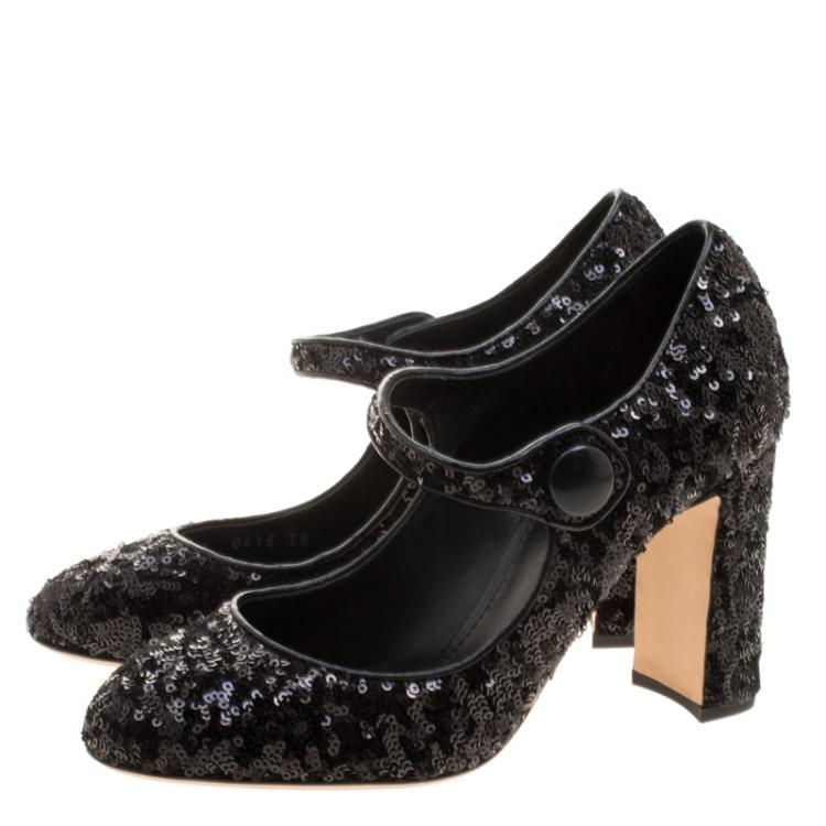 Pre Owned Dolce and Gabbana Black Sequin Mary Jane Pumps Size 38