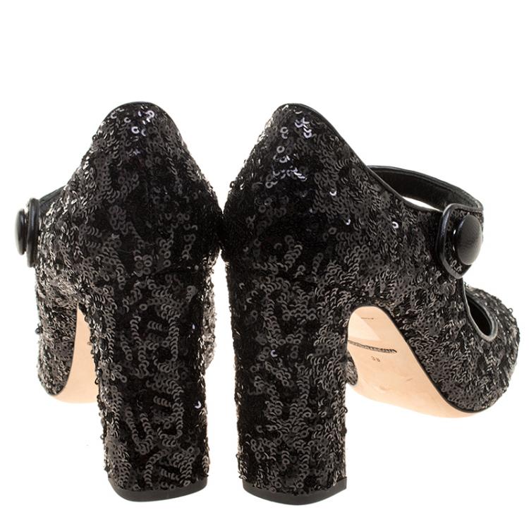 Pre Owned Dolce and Gabbana Black Sequin Mary Jane Pumps Size 38