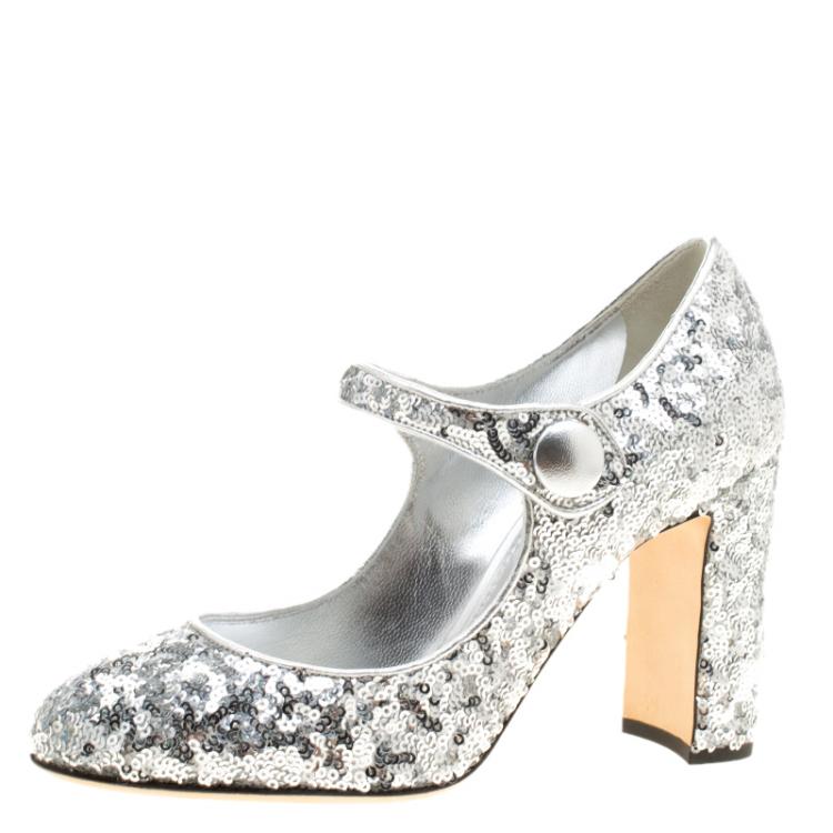 Pre Owned Dolce and Gabbana Silver Sequin Mary Jane Pumps Size 37