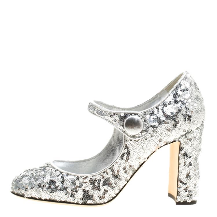 Pre Owned Dolce and Gabbana Silver Sequin Mary Jane Pumps Size 37