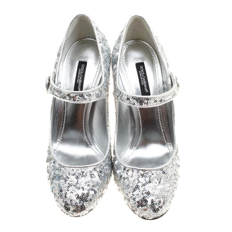Pre Owned Dolce and Gabbana Silver Sequin Mary Jane Pumps Size 37