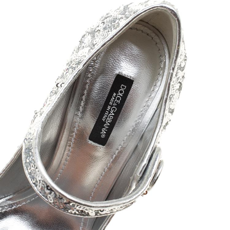 Pre Owned Dolce and Gabbana Silver Sequin Mary Jane Pumps Size 37