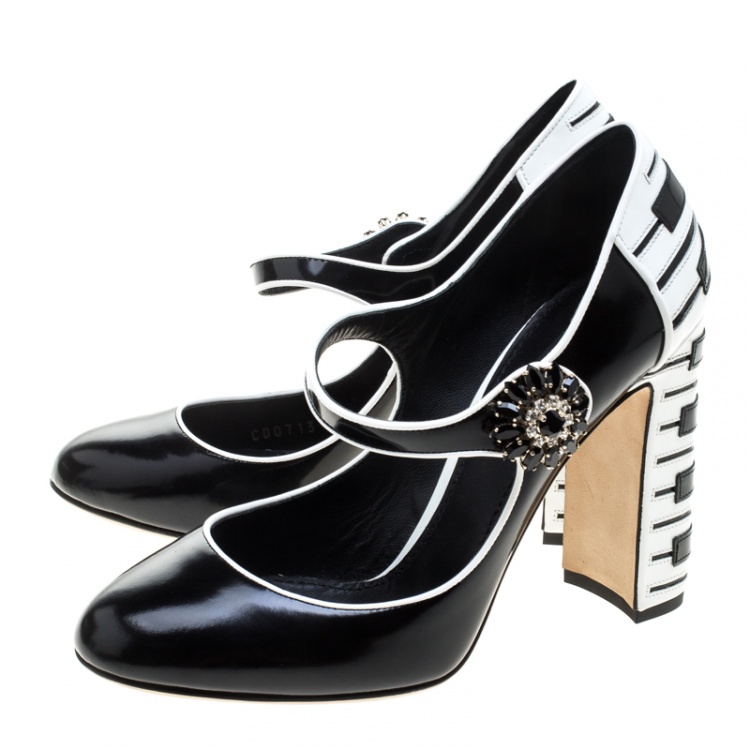Pre Owned Dolce and Gabbana Black and White Leather Piano Detail Mary Jane Pumps Size 37