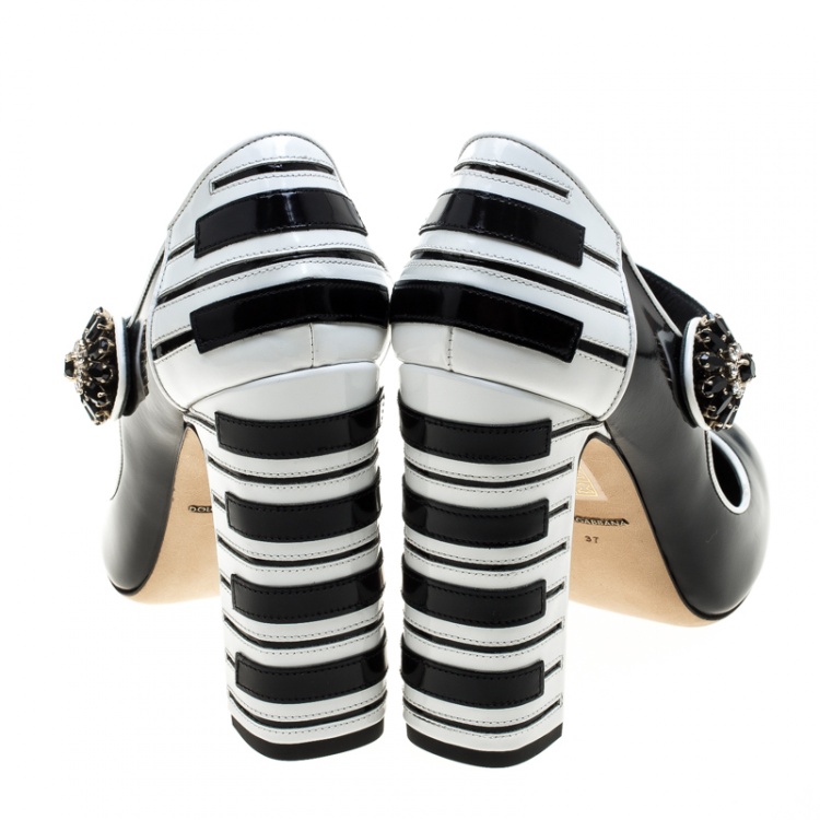 Pre Owned Dolce and Gabbana Black and White Leather Piano Detail Mary Jane Pumps Size 37