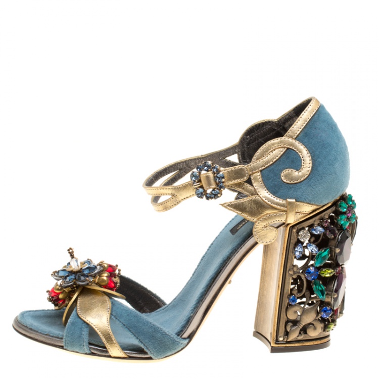 Pre Owned Dolce and Gabbana Blue Velvet and Metallic Gold Leather Crystal Embellished Heel Ankle Strap Sandals Size 38