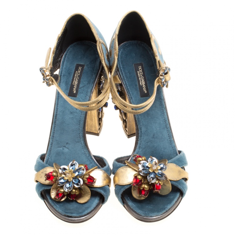 Pre Owned Dolce and Gabbana Blue Velvet and Metallic Gold Leather Crystal Embellished Heel Ankle Strap Sandals Size 38