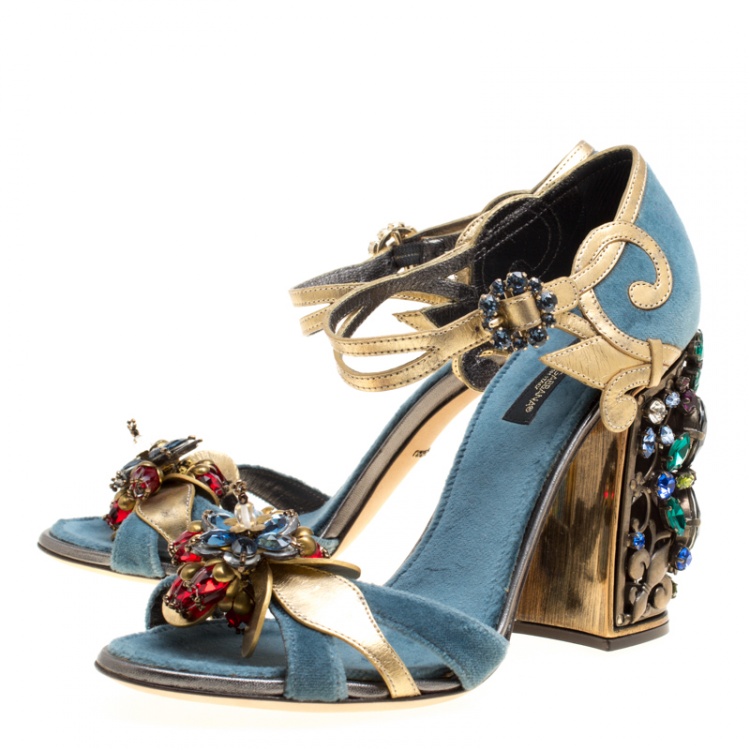 Pre Owned Dolce and Gabbana Blue Velvet and Metallic Gold Leather Crystal Embellished Heel Ankle Strap Sandals Size 38