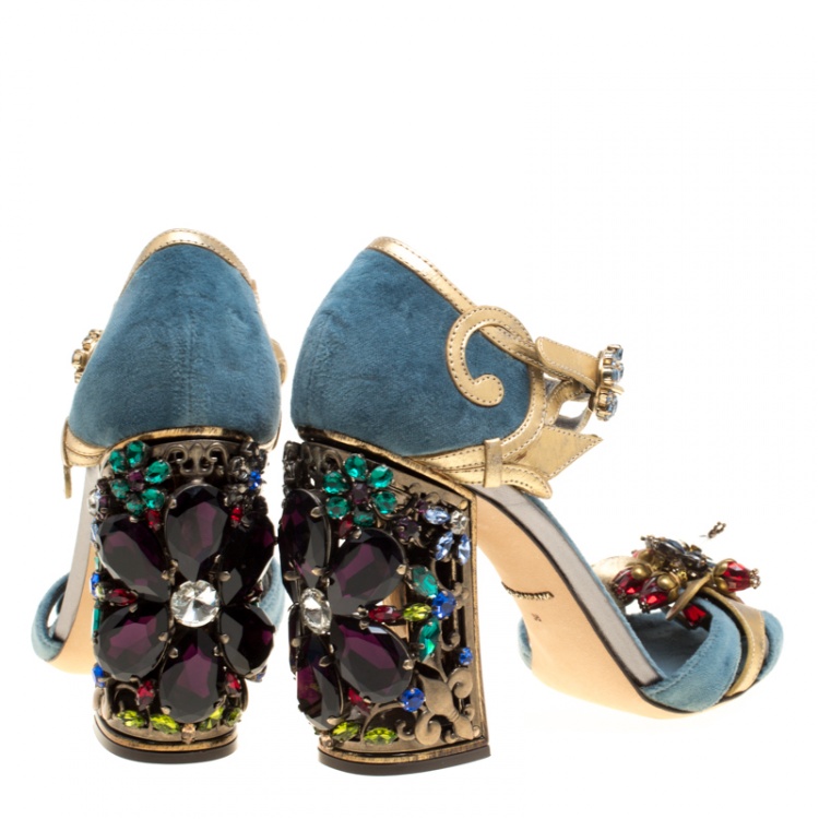 Pre Owned Dolce and Gabbana Blue Velvet and Metallic Gold Leather Crystal Embellished Heel Ankle Strap Sandals Size 38