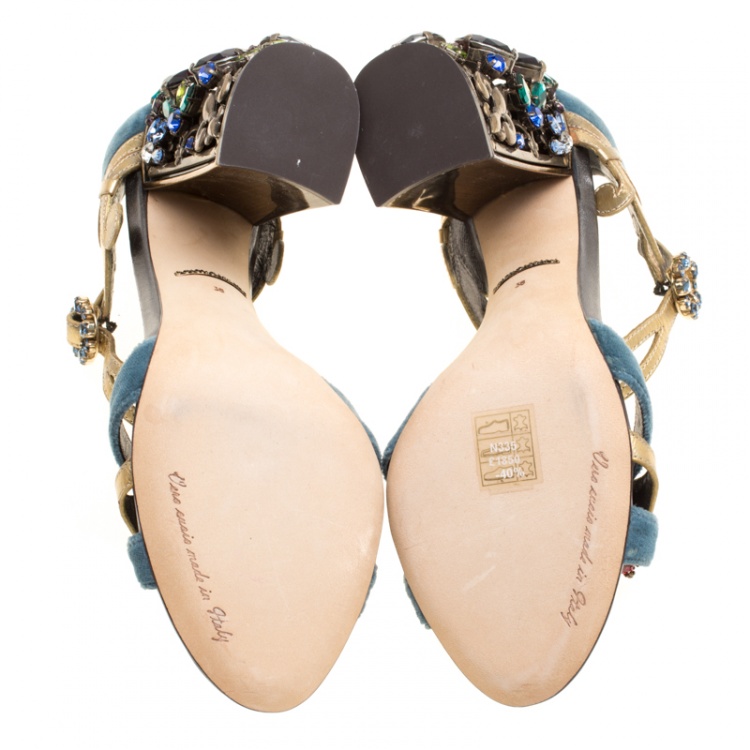 Pre Owned Dolce and Gabbana Blue Velvet and Metallic Gold Leather Crystal Embellished Heel Ankle Strap Sandals Size 38