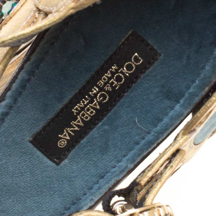 Pre Owned Dolce and Gabbana Blue Velvet and Metallic Gold Leather Crystal Embellished Heel Ankle Strap Sandals Size 38