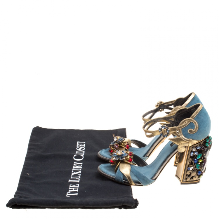 Pre Owned Dolce and Gabbana Blue Velvet and Metallic Gold Leather Crystal Embellished Heel Ankle Strap Sandals Size 38