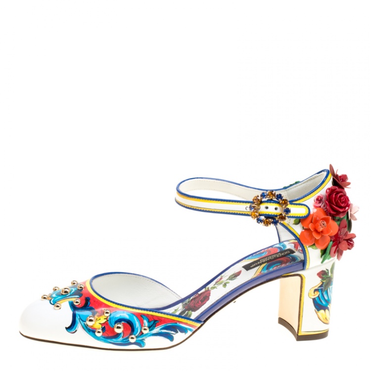 Pre Owned Dolce and Gabbana Multicolor Printed Leather Floral Embellished D'orsay Mary Jane Pumps Size 39