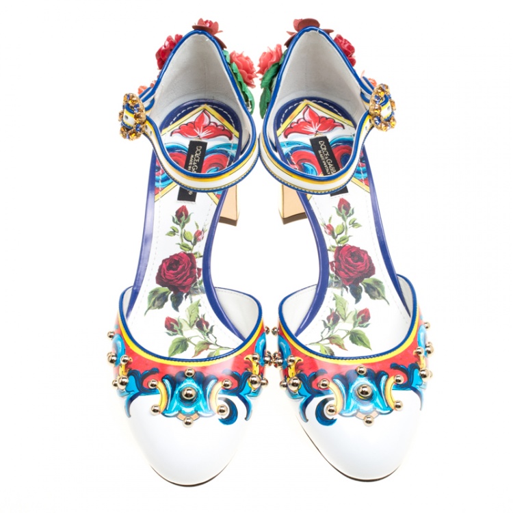 Pre Owned Dolce and Gabbana Multicolor Printed Leather Floral Embellished D'orsay Mary Jane Pumps Size 39