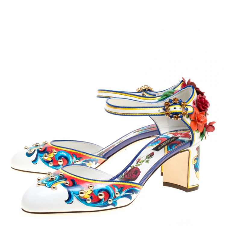 Pre Owned Dolce and Gabbana Multicolor Printed Leather Floral Embellished D'orsay Mary Jane Pumps Size 39