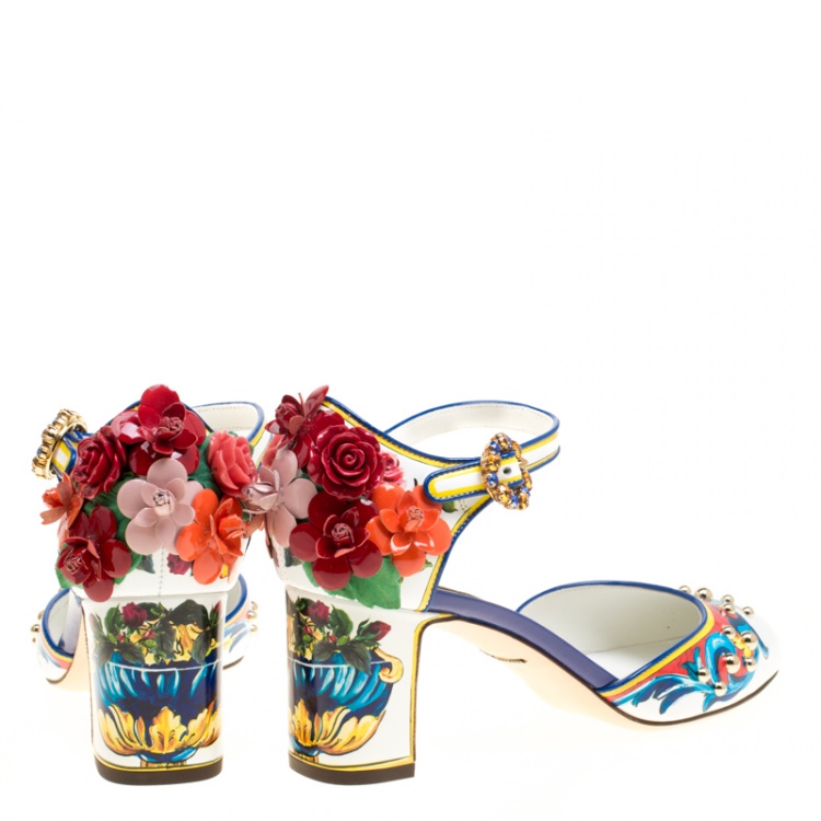 Pre Owned Dolce and Gabbana Multicolor Printed Leather Floral Embellished D'orsay Mary Jane Pumps Size 39
