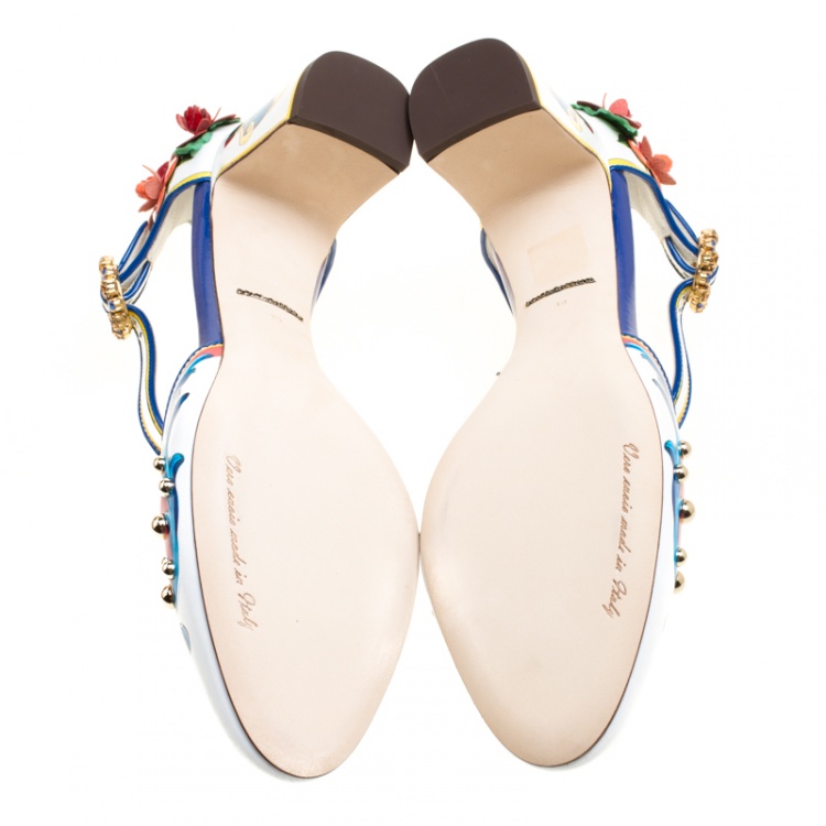 Pre Owned Dolce and Gabbana Multicolor Printed Leather Floral Embellished D'orsay Mary Jane Pumps Size 39