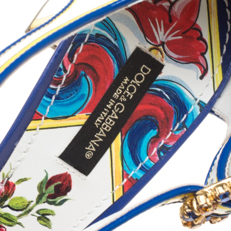 Pre Owned Dolce and Gabbana Multicolor Printed Leather Floral Embellished D'orsay Mary Jane Pumps Size 39