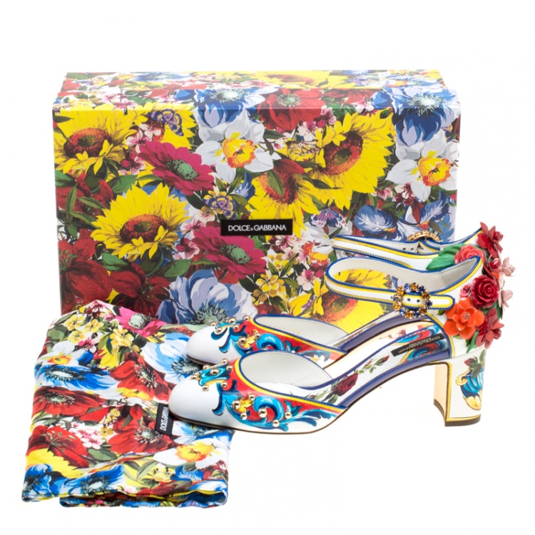 Pre Owned Dolce and Gabbana Multicolor Printed Leather Floral Embellished D'orsay Mary Jane Pumps Size 39