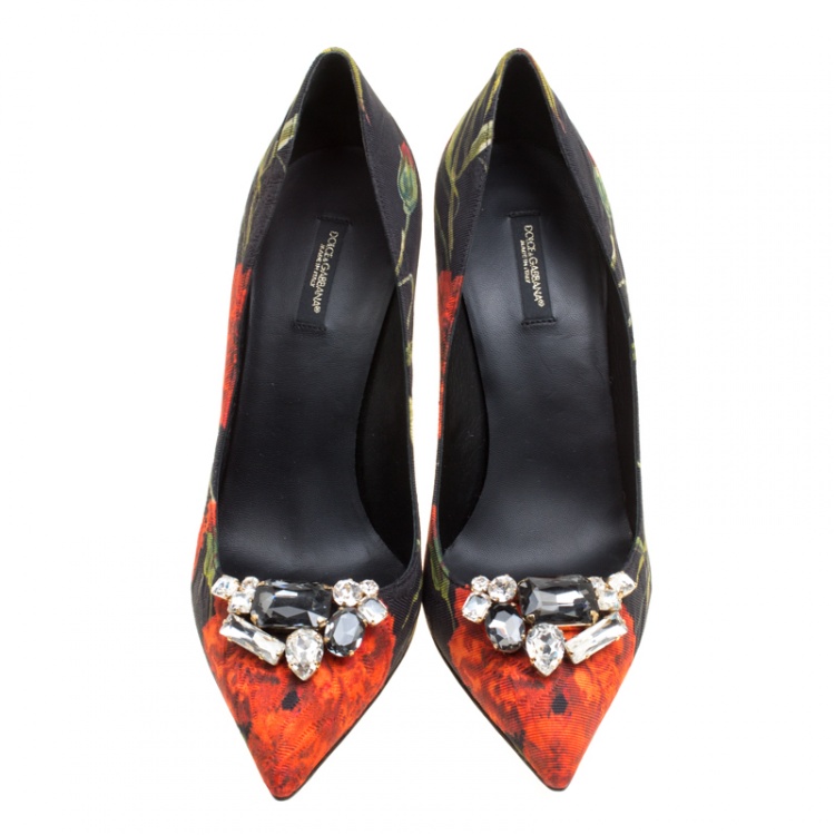 Pre Owned Dolce and Gabbana Floral Print Jacquard Fabric Crystal Embellished Pumps Size 41