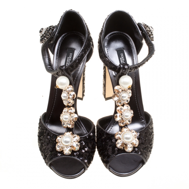 Pre Owned Dolce and Gabbana Black Sequins Keira Crystal and Faux Pearl Embellished T Strap Sandals Size 37