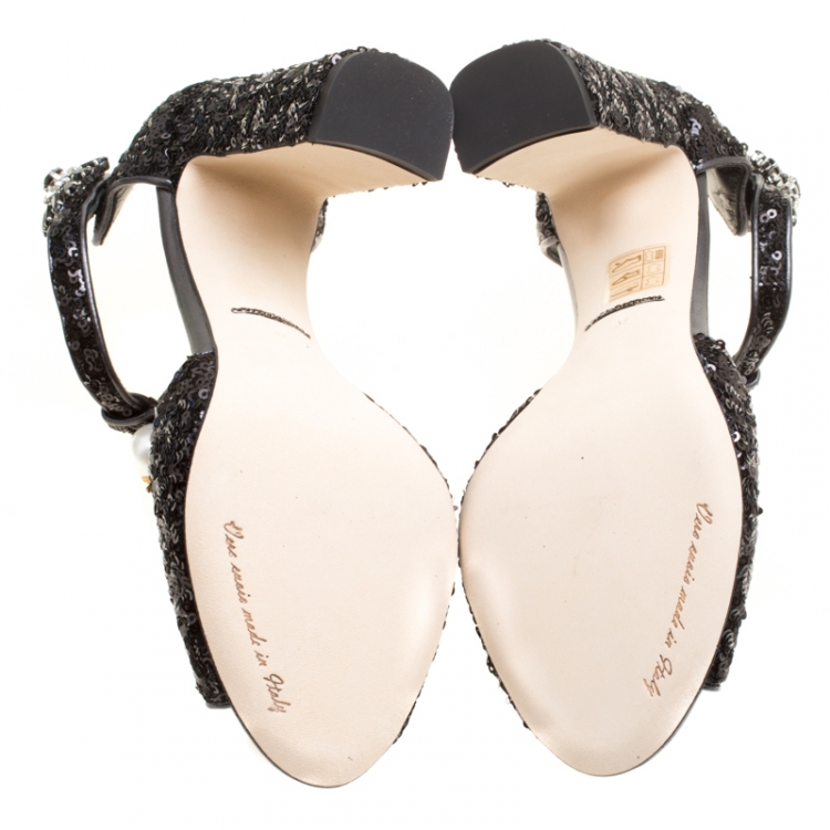 Pre Owned Dolce and Gabbana Black Sequins Keira Crystal and Faux Pearl Embellished T Strap Sandals Size 37