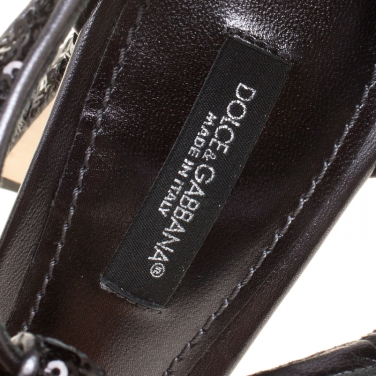Pre Owned Dolce and Gabbana Black Sequins Keira Crystal and Faux Pearl Embellished T Strap Sandals Size 37