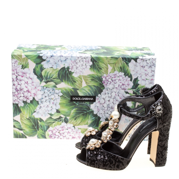 Pre Owned Dolce and Gabbana Black Sequins Keira Crystal and Faux Pearl Embellished T Strap Sandals Size 37