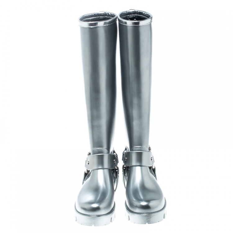 Pre Owned Dolce and Gabbana Metallic Silver Platform Rain Boots Size 37