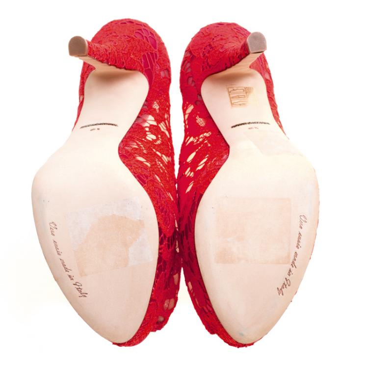 Pre Owned Dolce and Gabbana Red Lace Peep Toe Platform Pumps Size 40.5