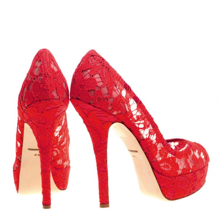Pre Owned Dolce and Gabbana Red Lace Peep Toe Platform Pumps Size 40.5